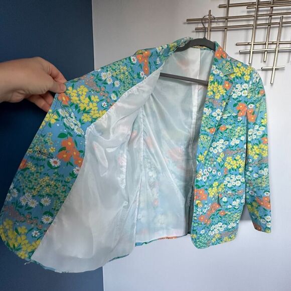 Vintage Flower Power Blue Orange Cotton Blazer Size Small - Picture 8 of 13
